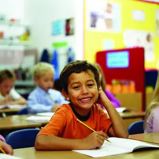 Children (6-8) sitting at desks in classroom, focus on boy writing